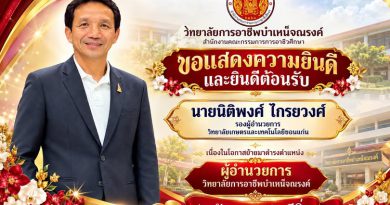 วิทยาลัยการอาชีพบำเหน็จณรงค์ขอแสดงความยินดีและยินดีต้อนรับนายนิติพงศ์ ไกรยวงศ์รองผู้อำนวยการวิทยาลัยเกษตรและเทคโนโลยีขอนแก่นเนื่องในโอกาสย้ายมาดำรงตำแหน่งผู้อำนวยการวิทยาลัยการอาชีพบำเหน็จณรงค์วิทยาลัยการอาชีพบำเหน็จณรงค์ ขอแสดงความยินดีเป็นอย่างยิ่ง และขอต้อนรับท่านผู้อำนวยการด้วยความยินดี ด้วยความเคารพและยินดียิ่ง